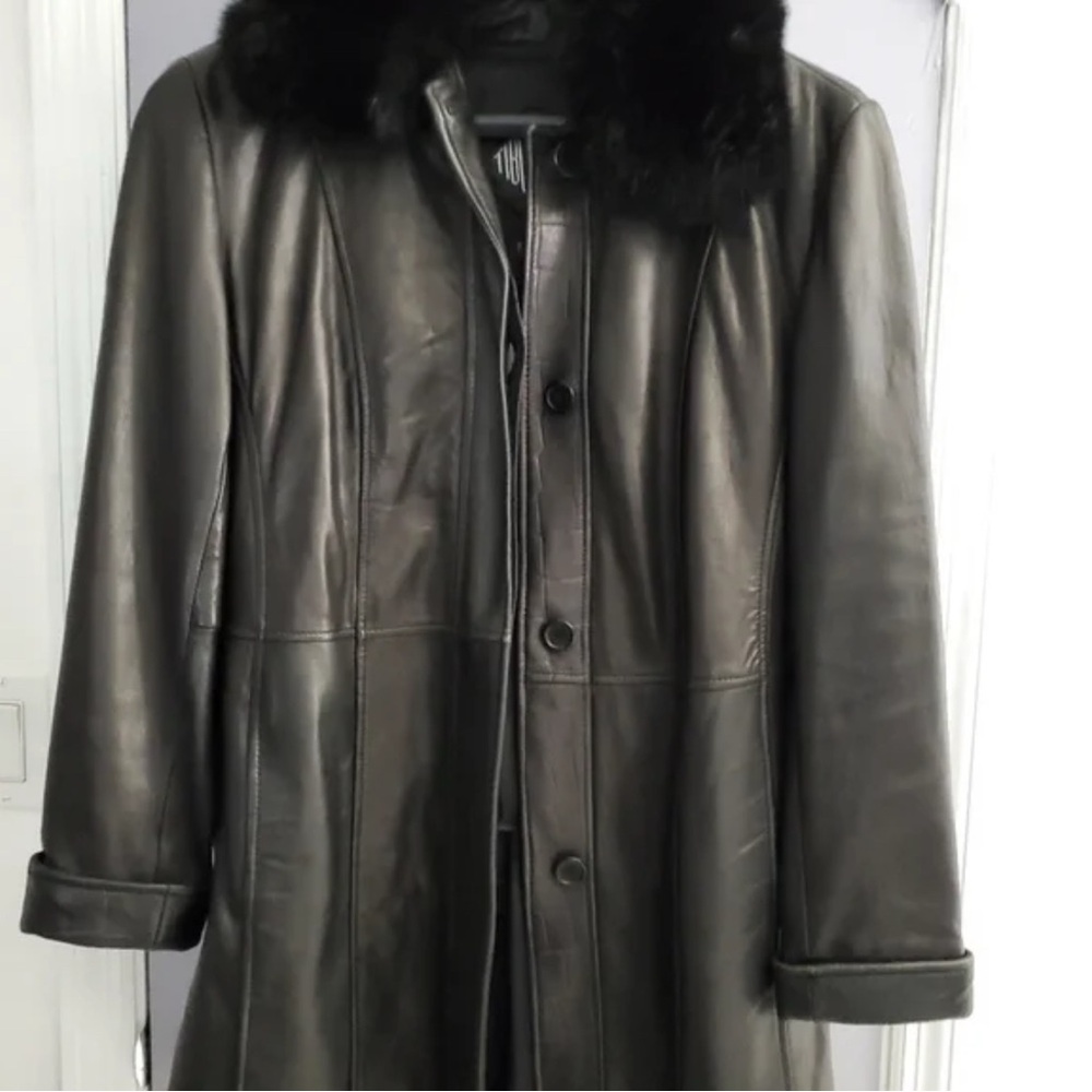 Women's Black Leather Jacket with Fur Collar